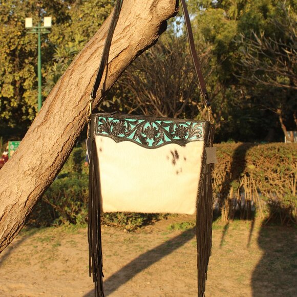 Western Fringe Purse, Tooled Cowhide Tote Bag with Detachable Crossbody Strap - Picture 3 of 11